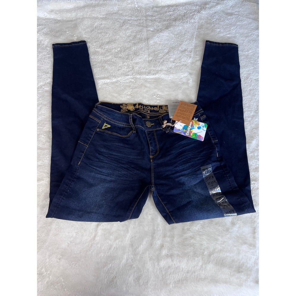 Desigual‎ Denim Irati Skinny Jeans Dark Wash Embroidered Indigo 18SWDD61 Size 3
